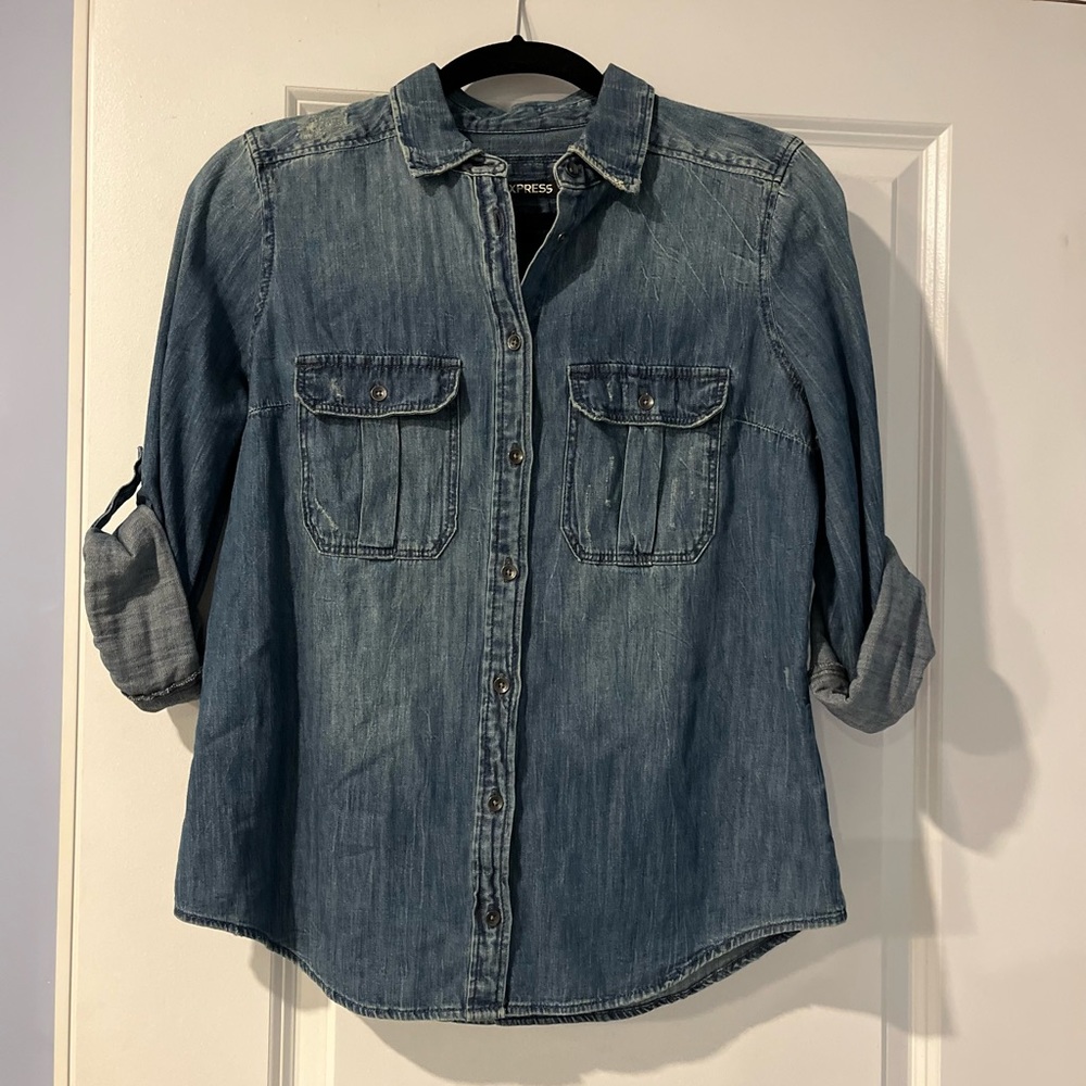 Express Distressed Denim Shirt Size S